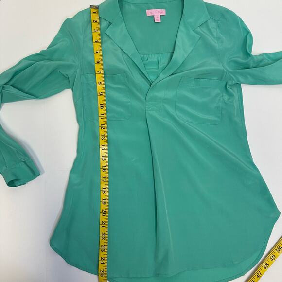 Lilly Pulitzer XS Teal Silk Blouse - 100% Silk with Green Gemstone Buttons - Picture 7 of 10